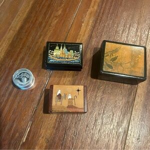 Mini Trinket Box Collection Russian Lacquered, Vintage Inlaid Nativity Lot of 4
